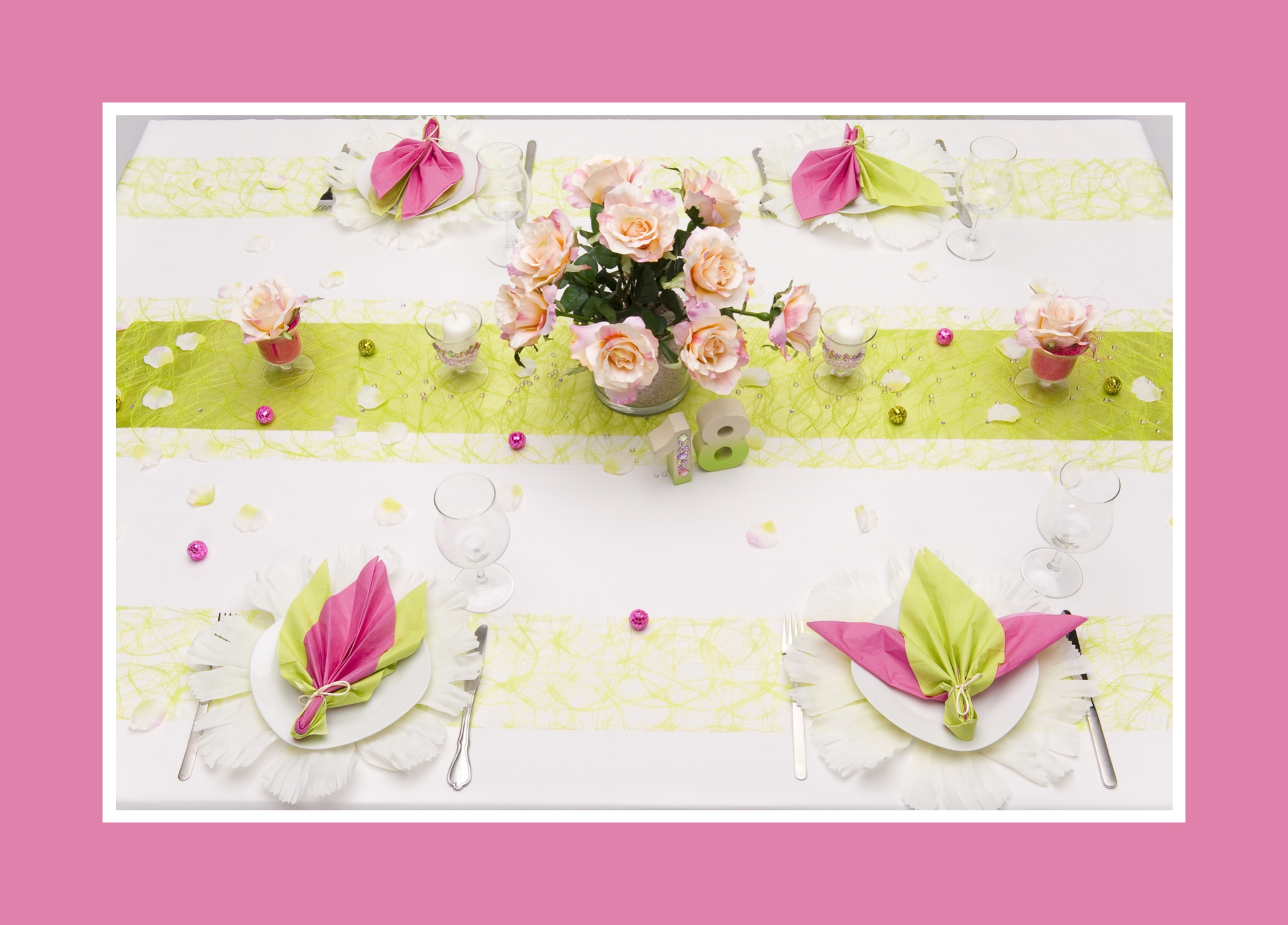 Feierliche Tischdeko in Gelbgrün und Pink