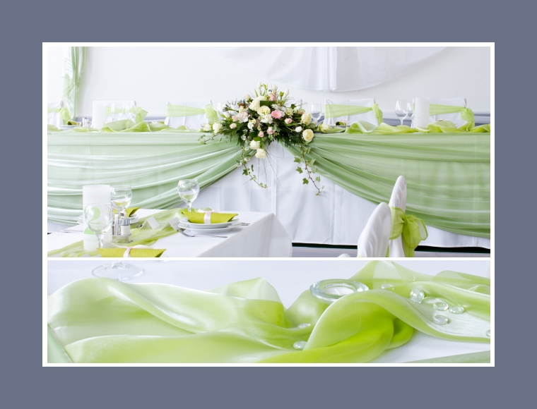 Brauttisch mit herrlicher Tischdeko aus Stoffen und Blumen