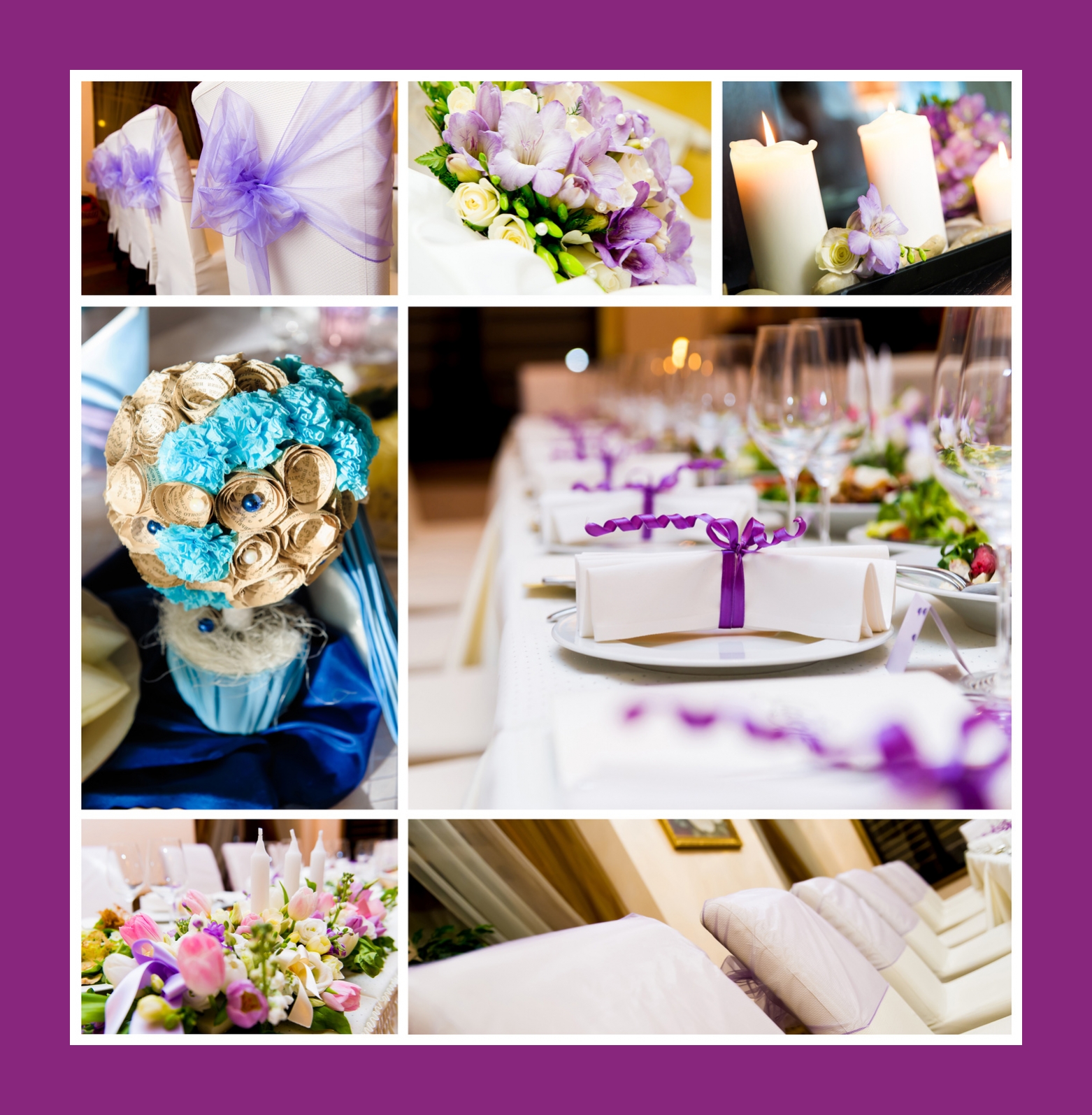 Purpurfarbene Tischdeko mit Servietten und Blumen