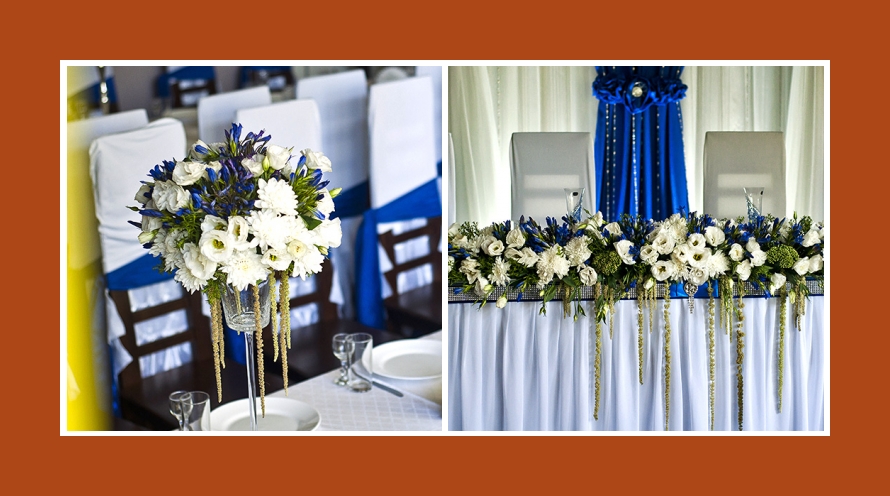 Hochzeit weiss blau Blumen deko