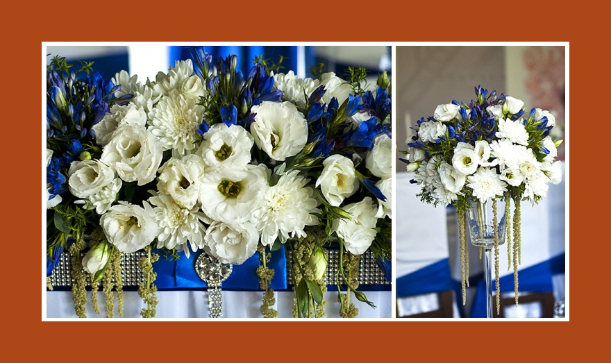 weiss blaue Blumendekoration Blumenschmuck Hochzeit