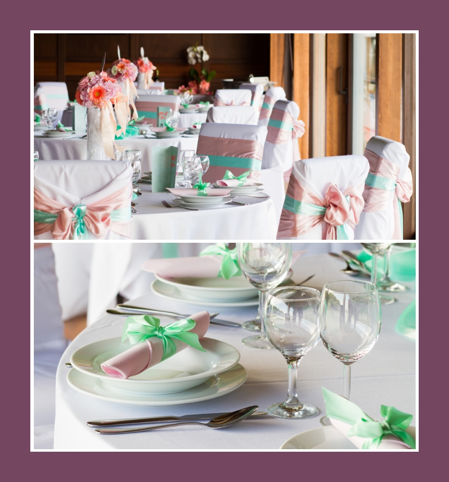 Bankettsaal Tischdeko Stuhldeko Taufe in Rosa und Mintgrün