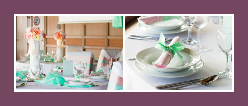 Tischdeko mintgrün rosa mit Blumen und Organza Tischläufer